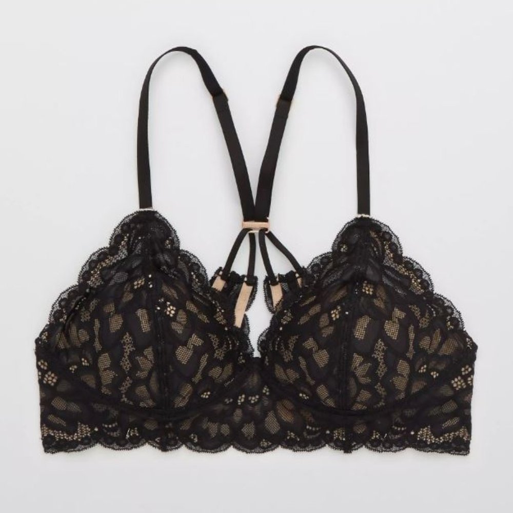 Aerie Black Real Power Wireless Sexy Push Up New Blooms Lace Convertible Bra